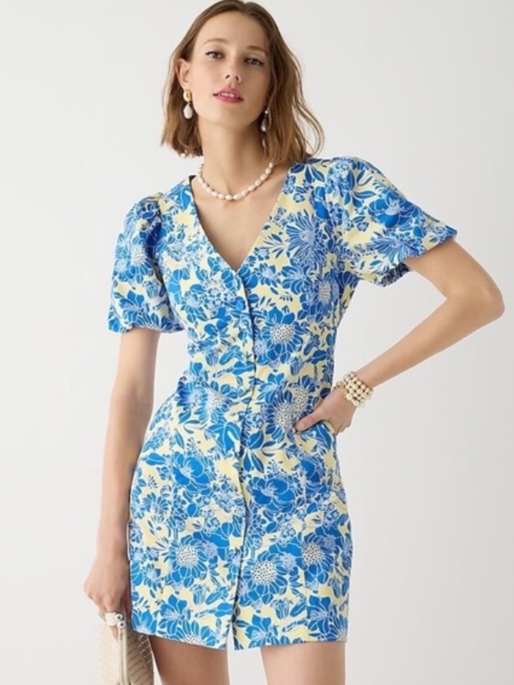 J.Crew Button-front puff-sleeve mini dress in blue floral twill Blue 0 - Picture 7 of 7
